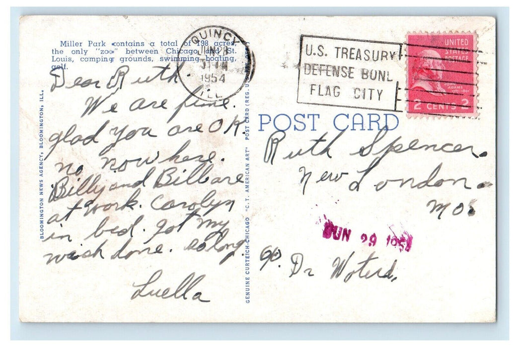 1954 Aerial View Of Miller Park Lake View Bloomington Illinois IL Postcard