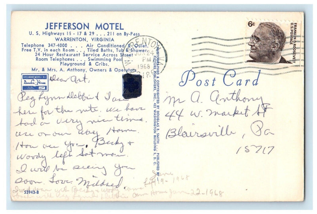 1968 Jefferson Hotel Swimming Pool Warrenton Virginia VA Posted Vintage Postcard