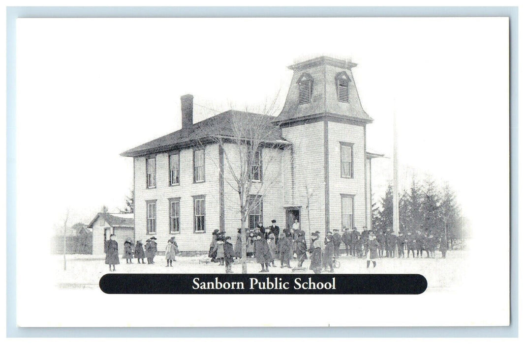 Sanborn Public School Building People Walking Winter New York NY Postcard