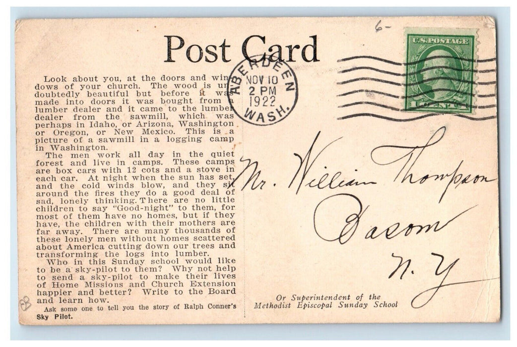 1922 Saw Mill Logging Camp Aberdeen Washington WA Sunday School Church Postcard
