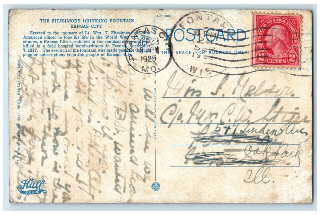 1925 The Fitzsimons Drinking Fountain, Kansas City MO, Fontana WI Postcard