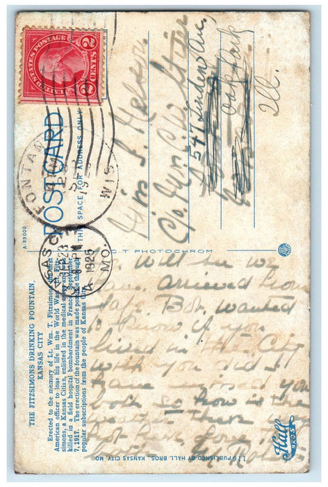 1925 The Fitzsimons Drinking Fountain, Kansas City MO, Fontana WI Postcard