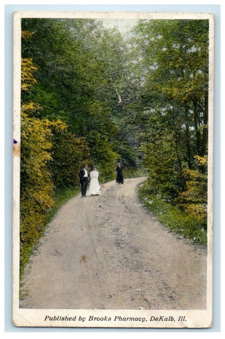 c1910's Couple Scene On Road Brooks Pharmacy De Kalb Illinois IL Postcard