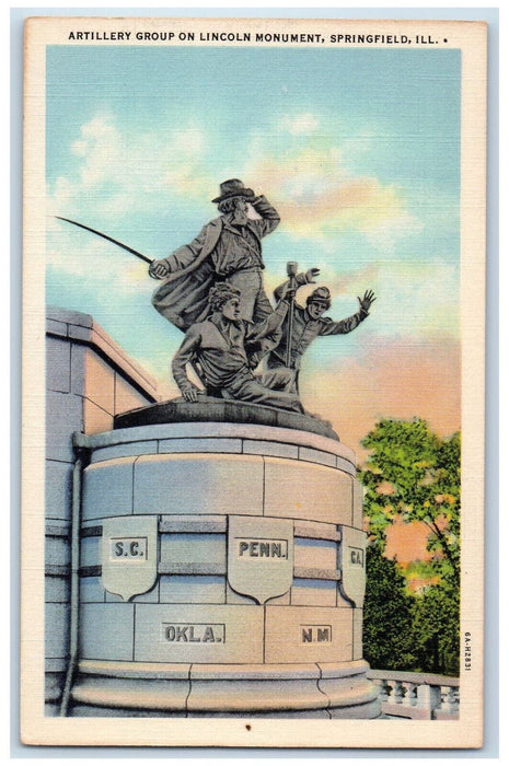 c1940's Artillery Group on Lincoln Monument Springfield Illinois IL Postcard