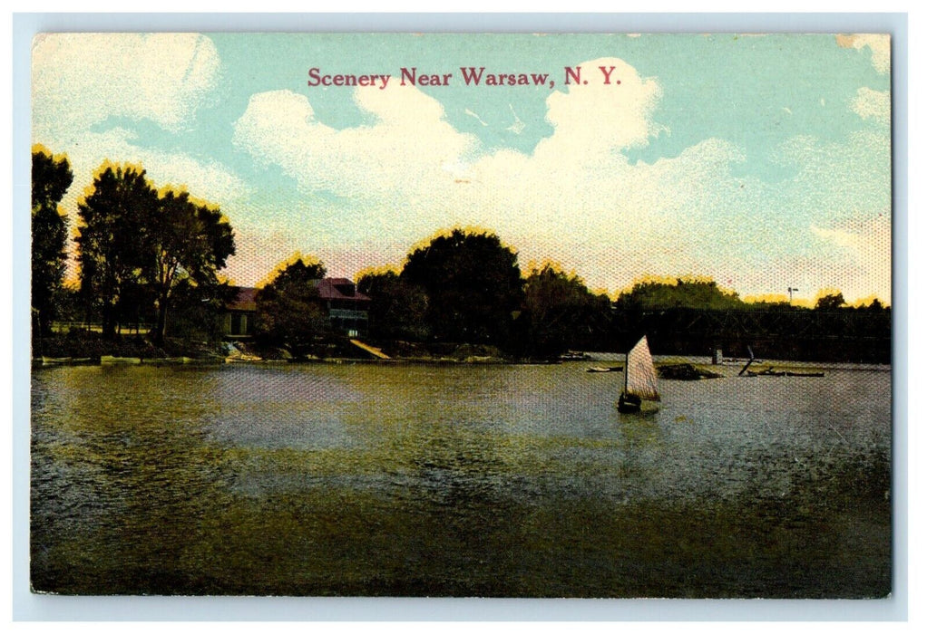 c1910's LScenery Near Warsaw New York NY, Lake View Boat Antique Postcard