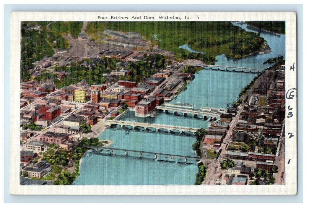 Aerial View Of Four Bridges And Dam Waterloo Iowa IA Unposted Postcard