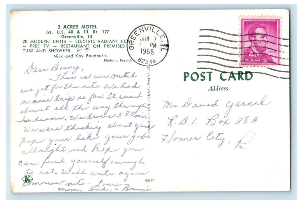 1966 Acres Motel Cars Greenville Illinois IL Posted Vintage Postcard