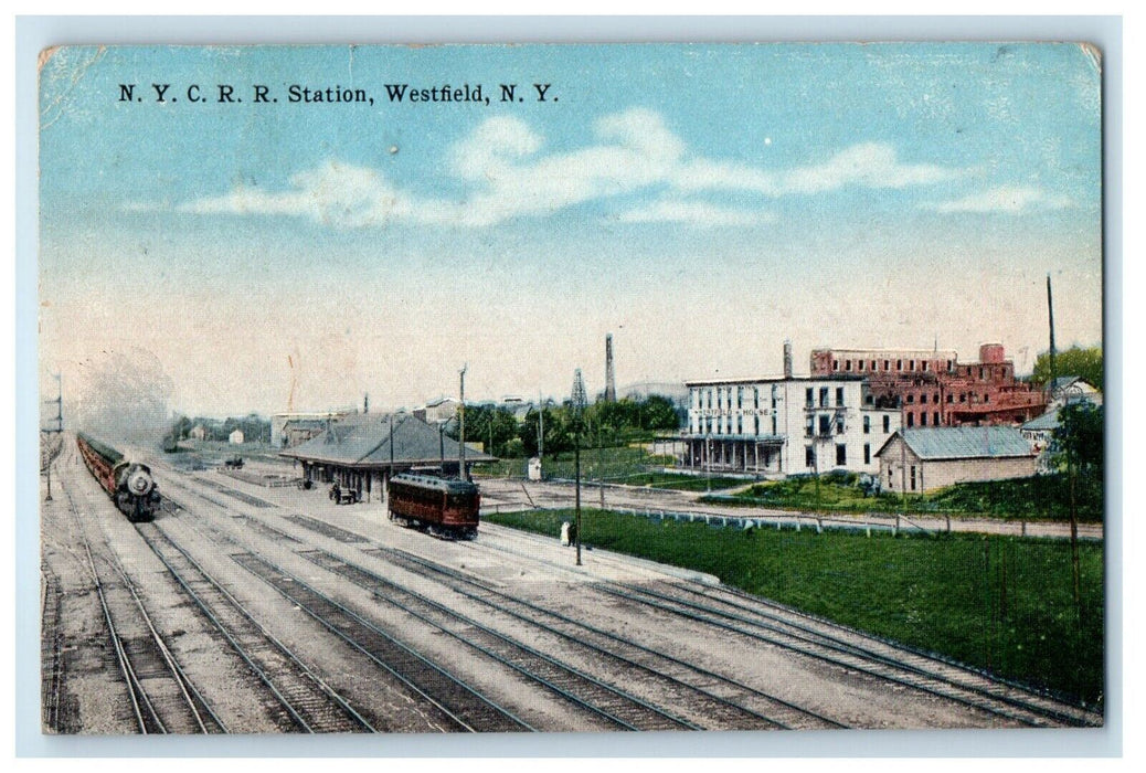 1917 N. Y. C. R. R. Railroad Station Depot Trolley Train Westfield NY Postcard