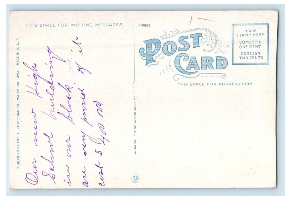 c1920's East Waterloo High School Waterloo Iowa IA Posted Antique Postcard