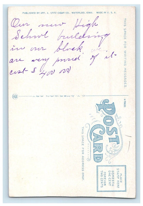 c1920's East Waterloo High School Waterloo Iowa IA Posted Antique Postcard