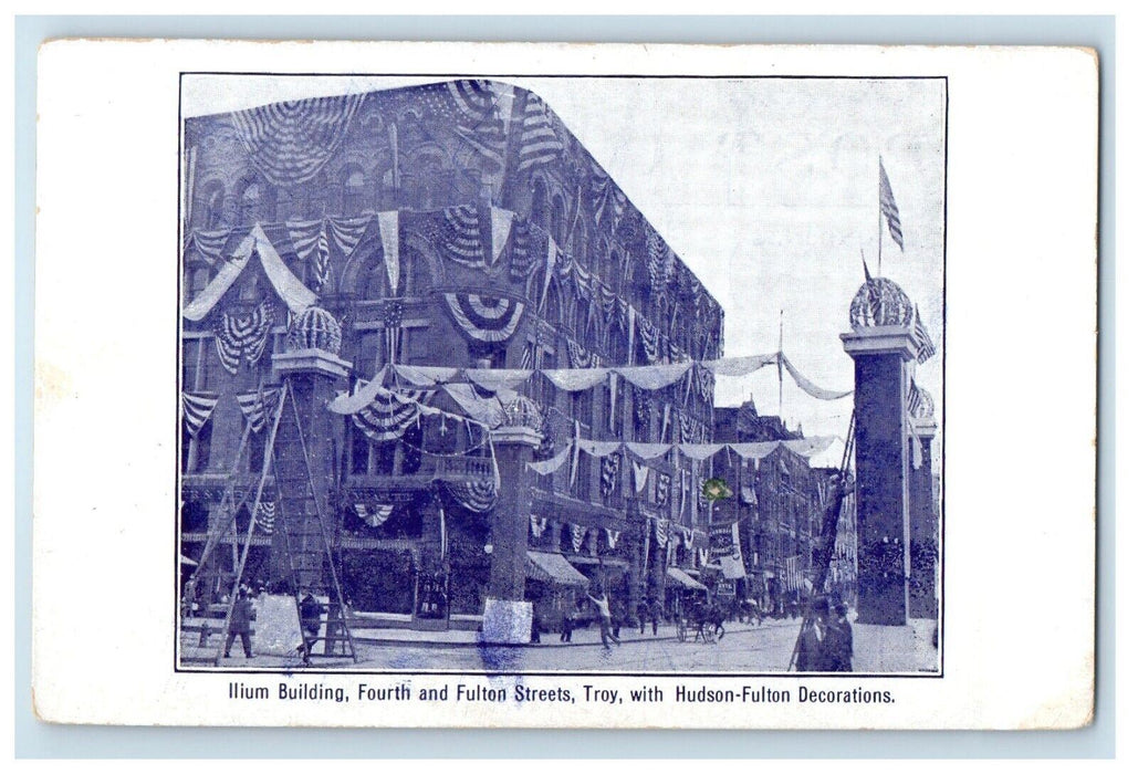 c1910's LLium Building Fourth Fulton Streets With Decorations Troy NY Postcard
