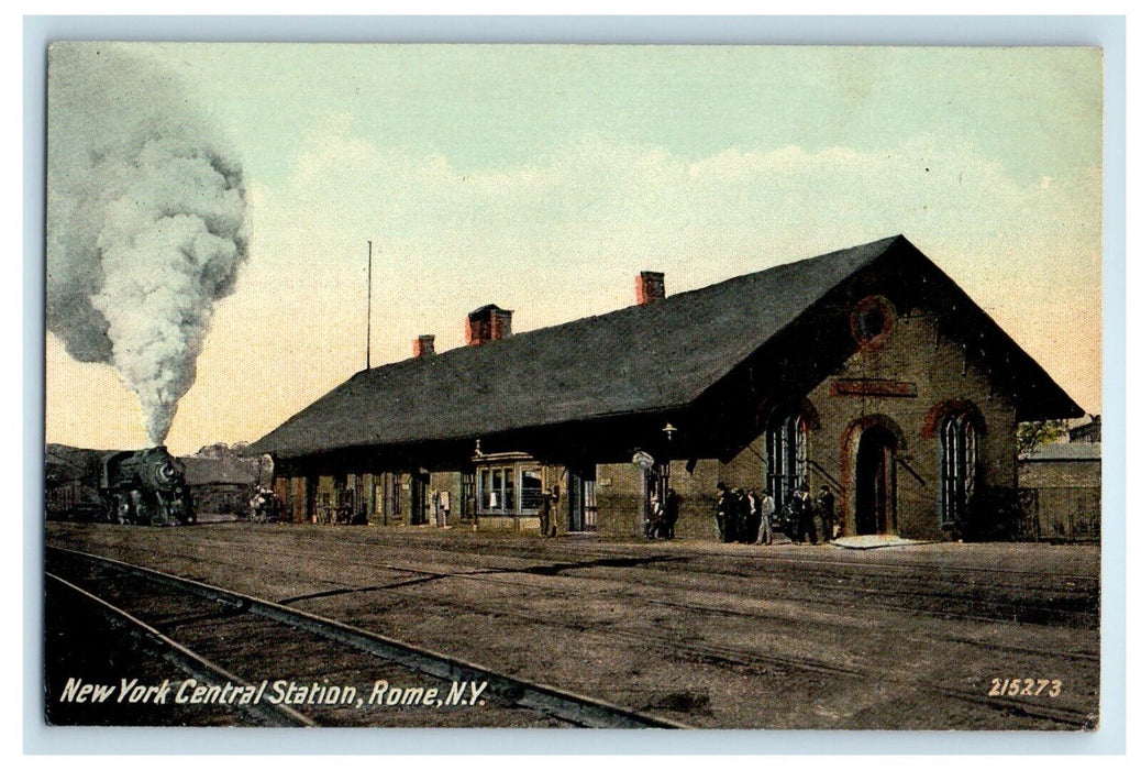 c1910's New York Central Station Depot Railroad Train Rome NY Antique Postcard