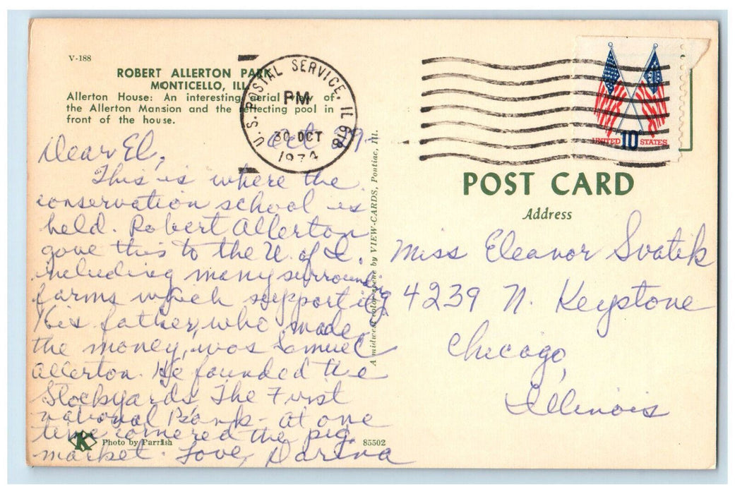 1974 Robert Allerton Park, Monticello Indiana IN Vintage Posted Postcard
