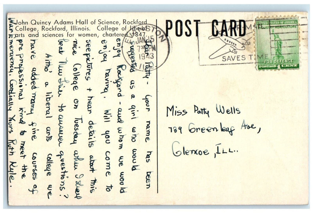 1943 John Quincy Adams Hall of Science, Rockford Illinois IL Postcard
