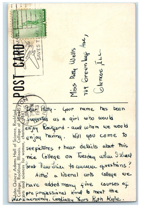 1943 John Quincy Adams Hall of Science, Rockford Illinois IL Postcard
