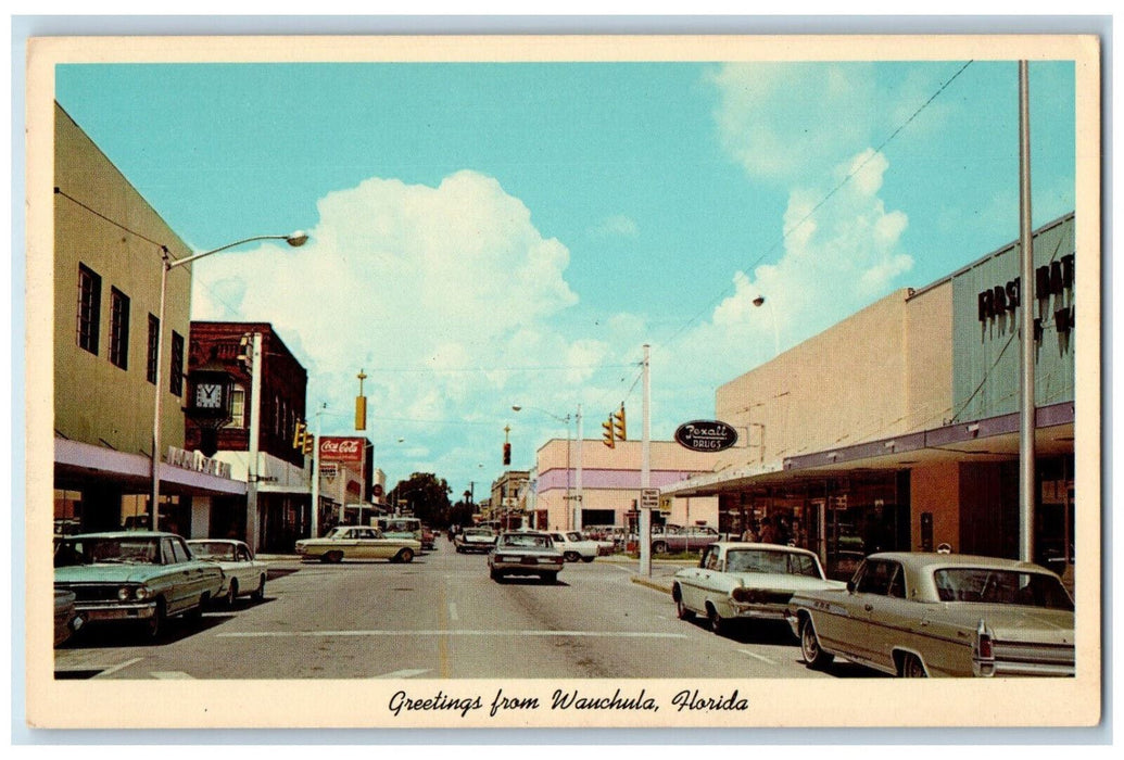 c1950's Rexall Drugs, Stop Lights, Clock, Greetings from Wauchula FL Postcard