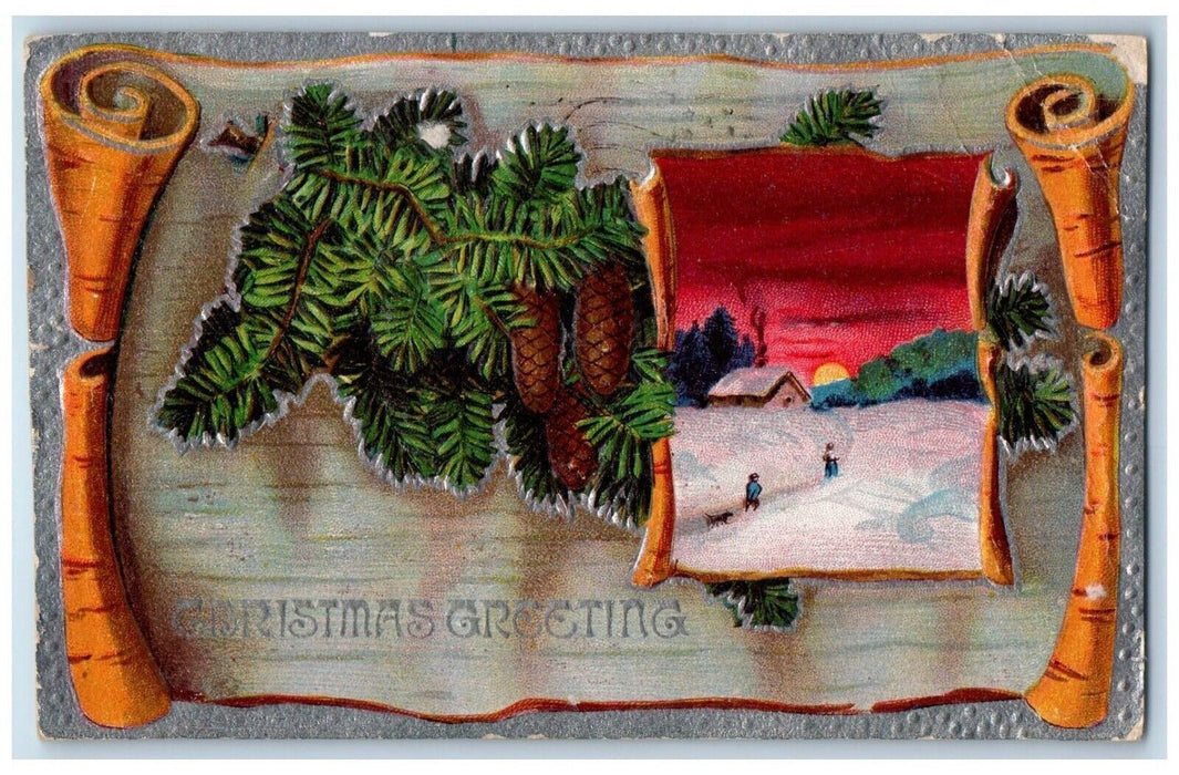 1911 Christmas Greeting Pine Cone Dog In Winter House Nash Embossed Postcard