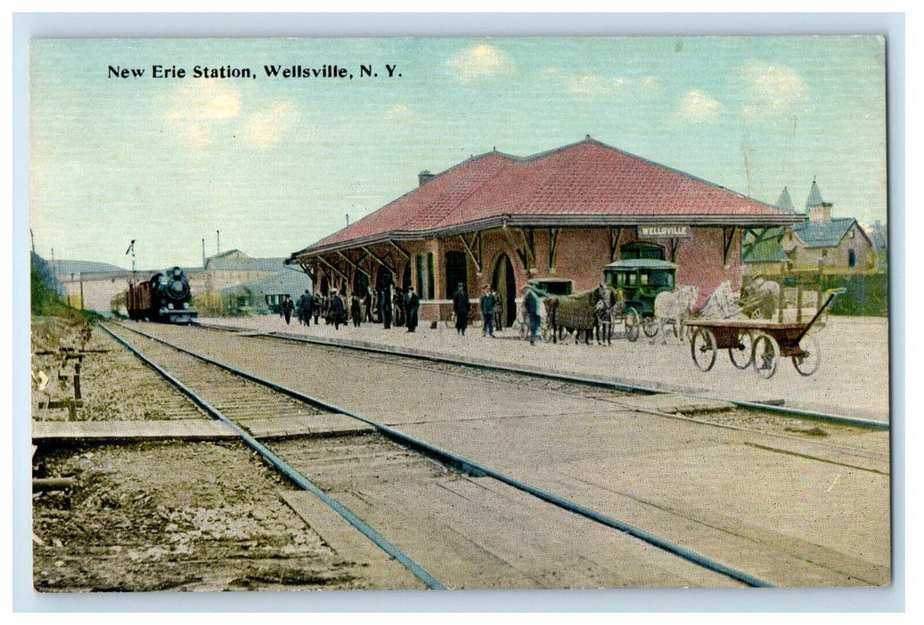 c1910's New Erie Train Railroad Station Depot Wagon Wellsville NY Postcard