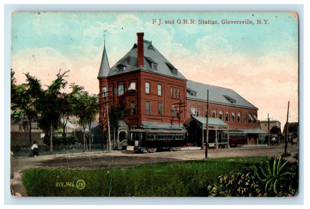 1910 FJ And G. R. R. Train Station Depot Gloversville New York NY Postcard