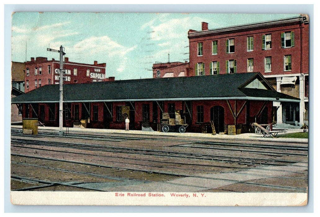 1909 Erie Train Railroad Station Depot Waverly New York NY Antique Postcard