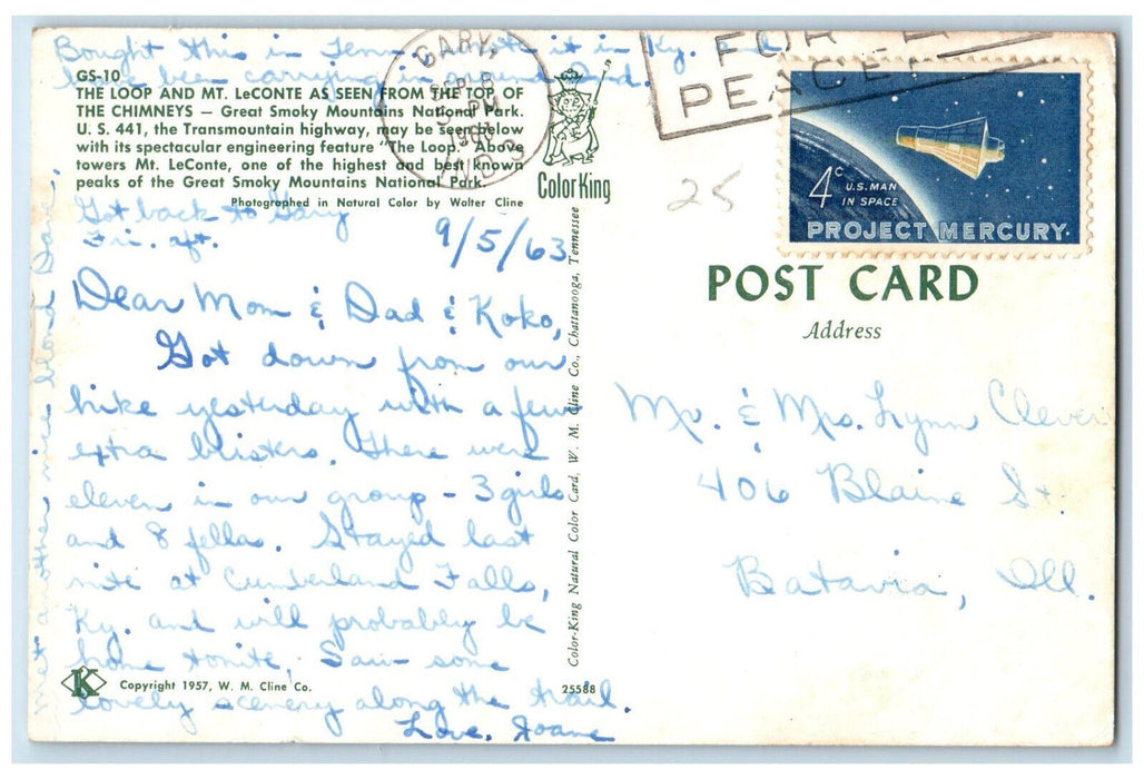 1963 The Loop and Mt. LeConte Great Smoky Mtn. National Park Postcard