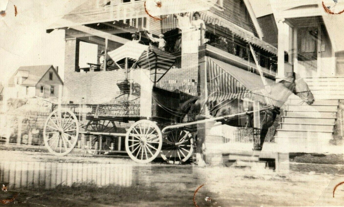 c1910 Triple Exposure Horse Cart Victorian House Antique Photo