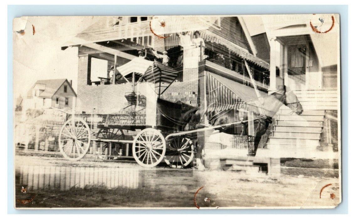 c1910 Triple Exposure Horse Cart Victorian House Antique Photo