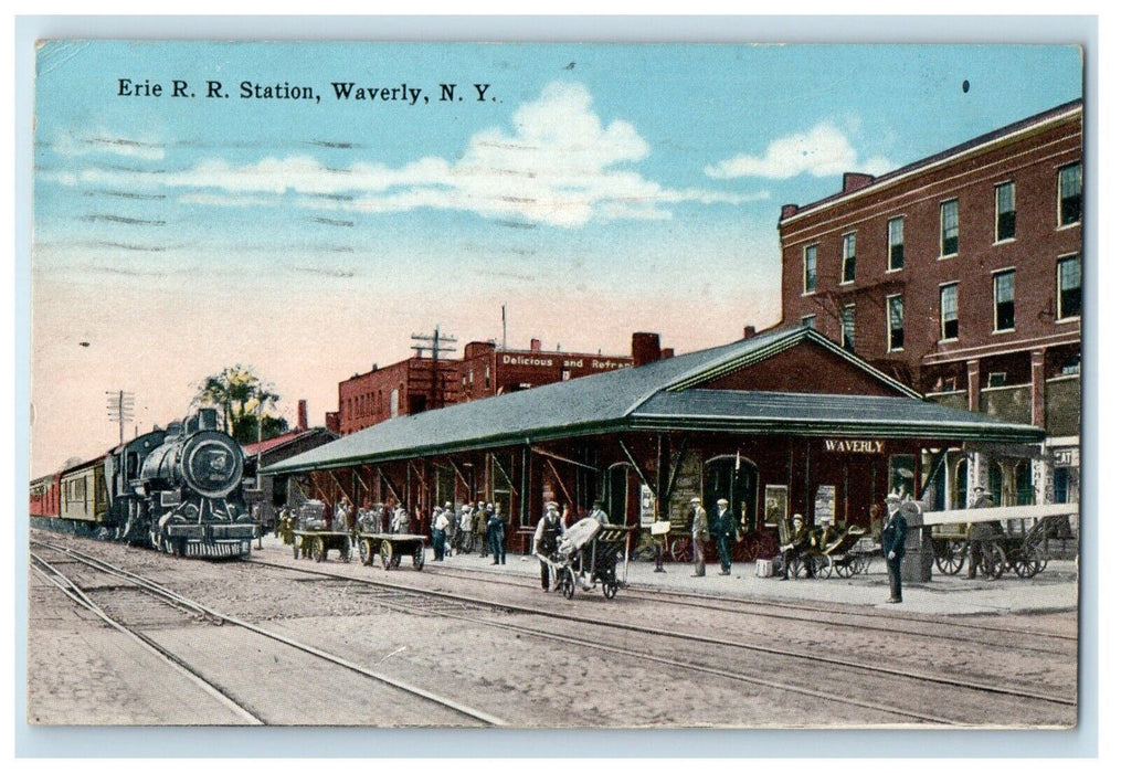 1921 Erie R. R. Railroad Train Station Depot Wagon Waverly New York NY Postcard