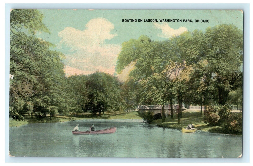 1914 Boating on Lagoon Washington Park Chicago Illinois IL Antique Postcard