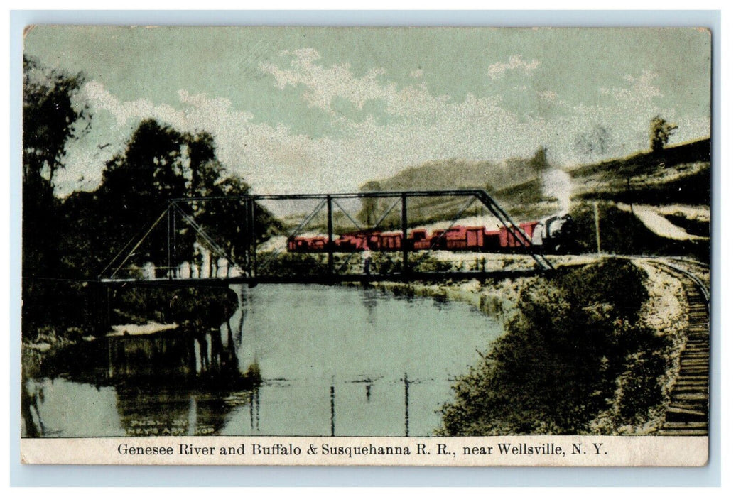 c1910's Genesee River Buffalo Susquehanna Train Railroad Wellsville NY Postcard