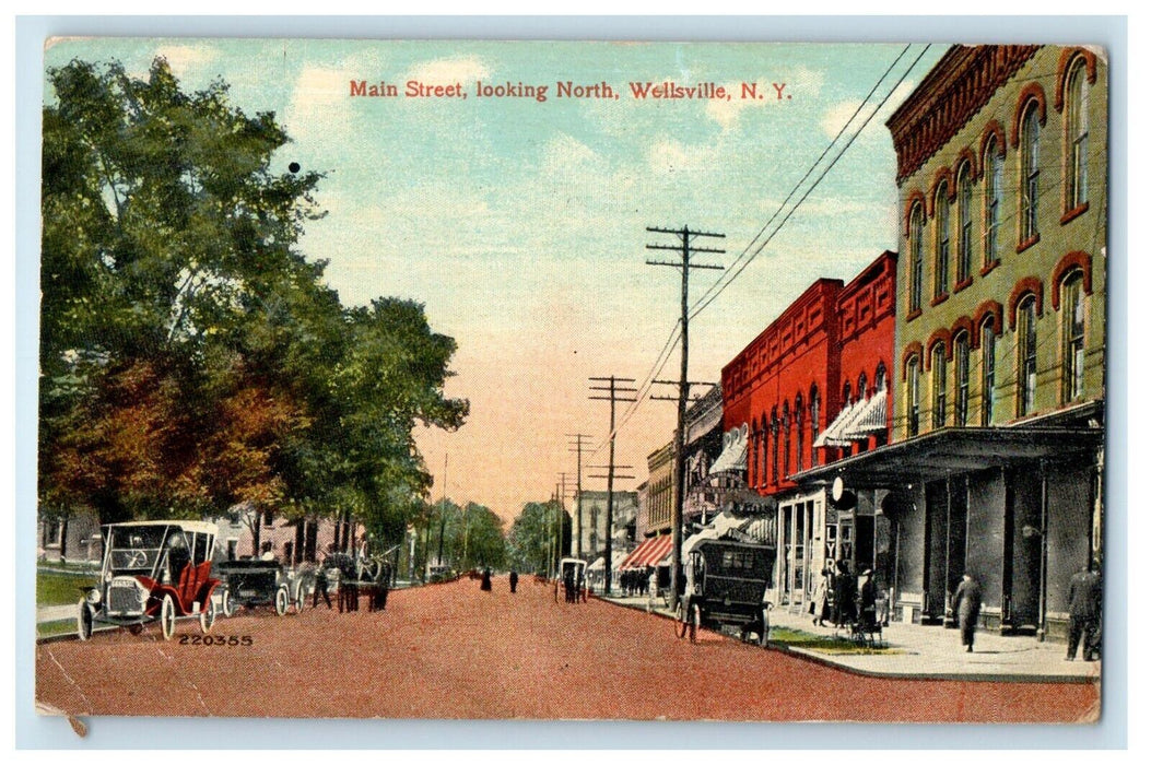 1915 View Of Main Street Looking North Cars Wellsville New York NY Postcard