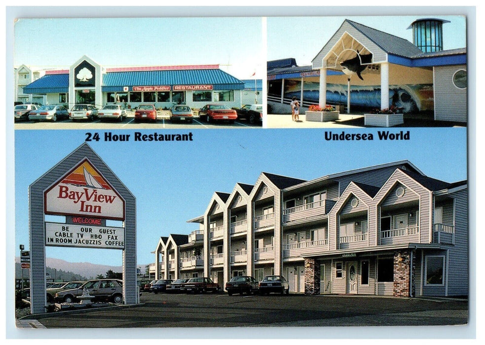 Bayview Inn Motel Crescent City CA, 24 Hour Restaurant Undersea World Postcard