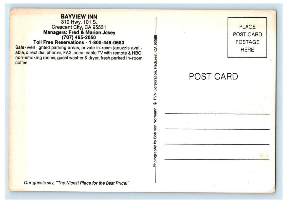 Bayview Inn Motel Crescent City CA, 24 Hour Restaurant Undersea World Postcard