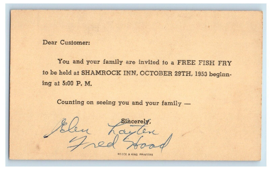 1953 Free Fish Fry At Shamrock Inn Downs Illinois IL Advertising Postcard