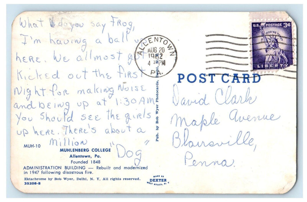 1962 Muhlenberg College Campus Allentown Pennsylvania PA Vintage Postcard
