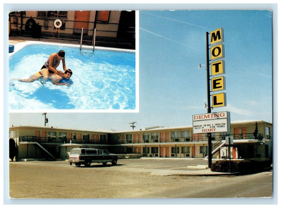 Deming Motel Swimming Pool Scene Car Deming New Mexico NM Vintage Postcard