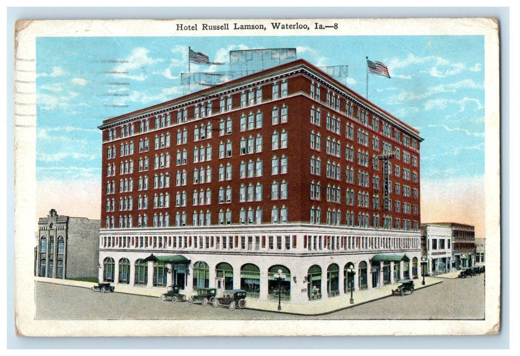 1928 Hotel Russell Lamson Building Cars Waterloo Iowa IA Vintage Postcard