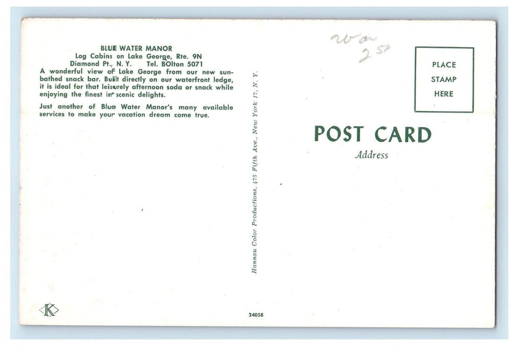 Blue Water Manor Log Cabins Lake George Diamond Point New York NY Postcard