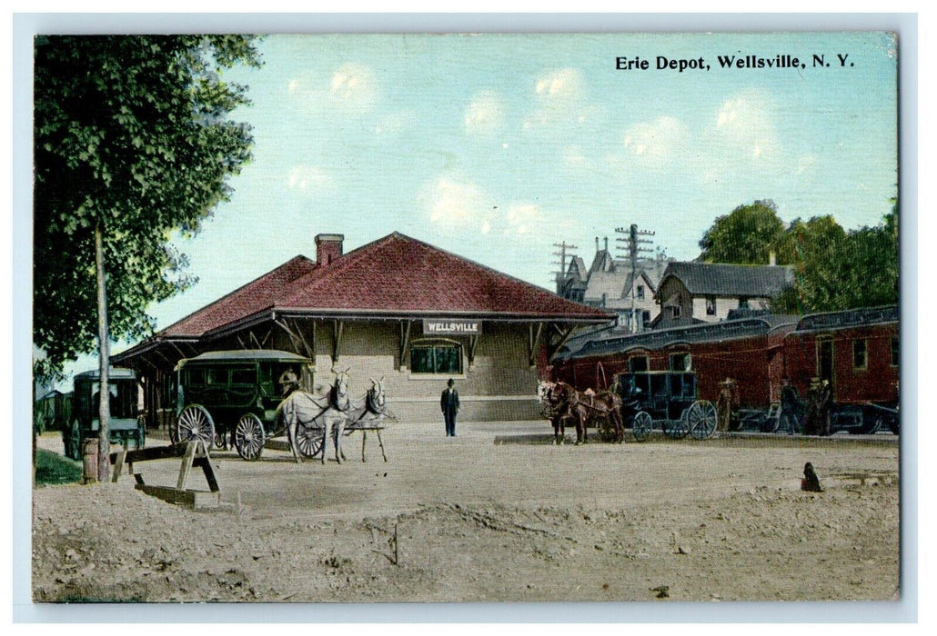 1912 Erie Depot Station Railroad Train Horse Carriage Wellsville NY Postcard