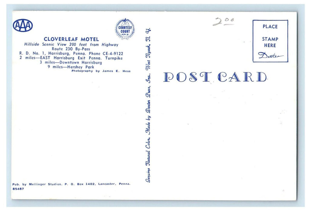 Cloverleaf Motel Hillside Scenic View Harrisburg Pennsylvania PA Postcard