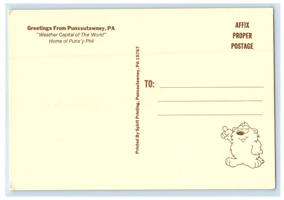 Greetings From Punxsutawney PA, The Weather Capital Of The World Postcard