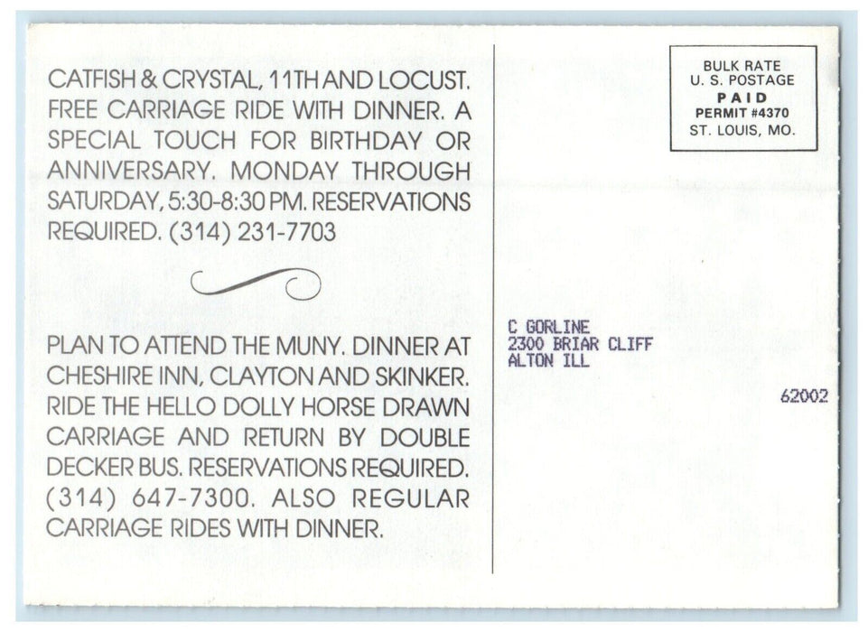 St. Louis MO, Miss Hullings Restaurant Catfish Crystal Advertising Postcard
