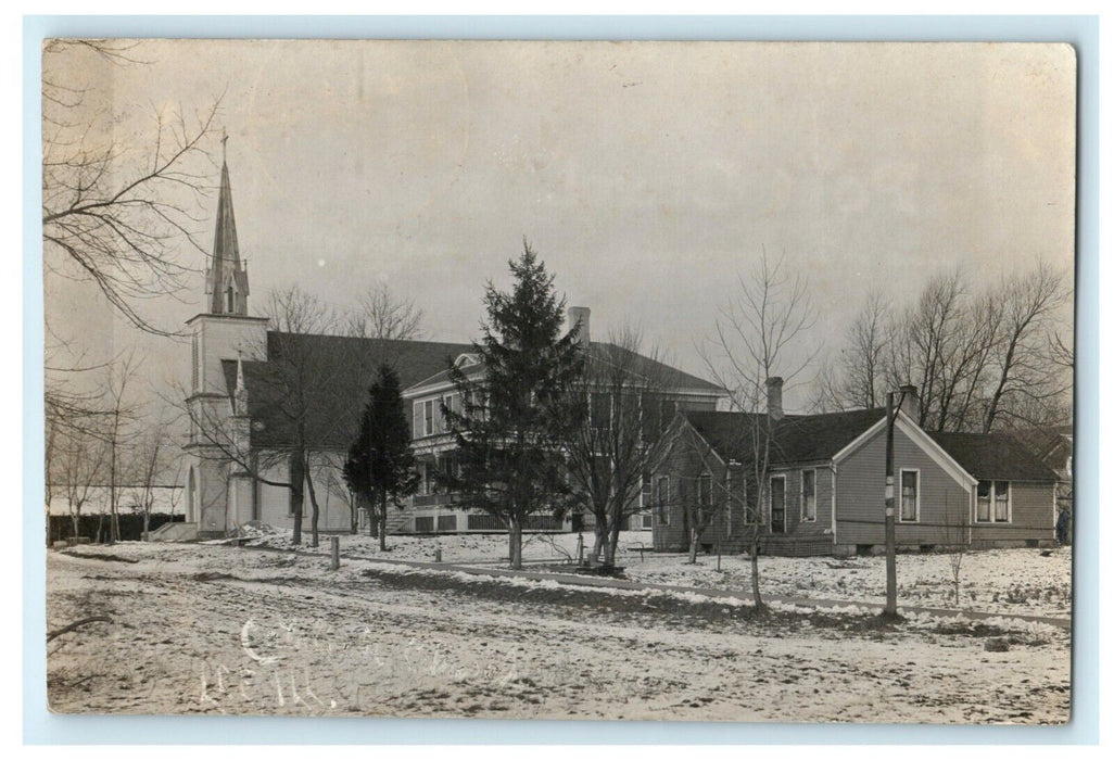 1908 Catholic Church & Priest House Lee Illinois RPPC Photo Antique Postcard