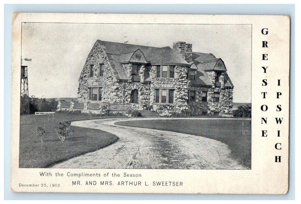 1904 Greystone House 24 Labor in Vain Ipswich MA PMC Christmas Sweetser Postcard