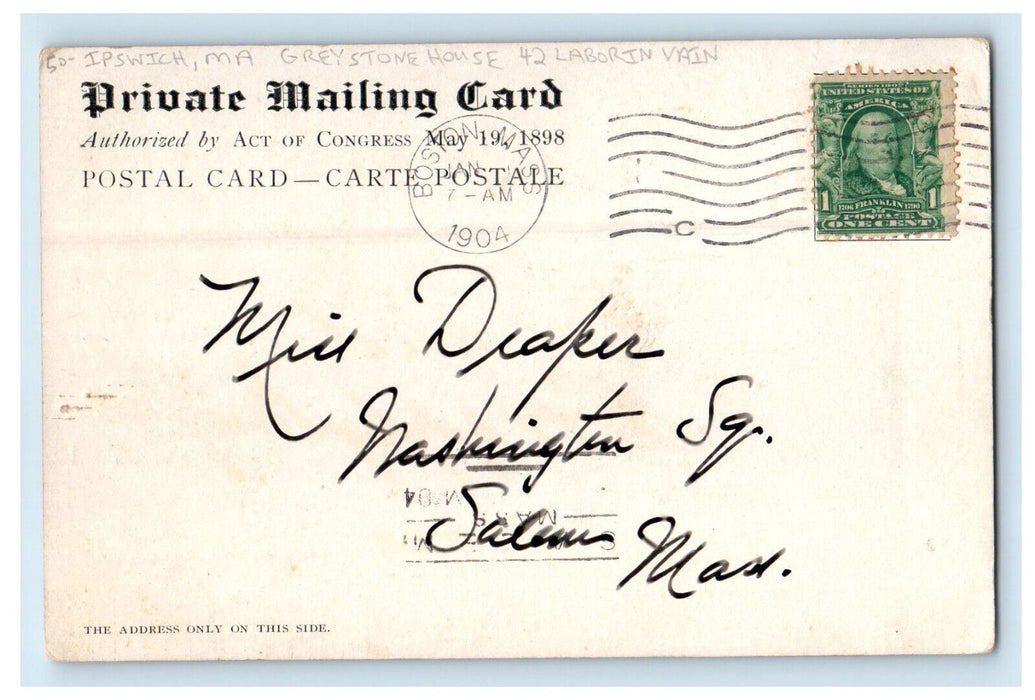 1904 Greystone House 24 Labor in Vain Ipswich MA PMC Christmas Sweetser Postcard