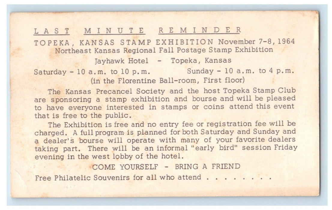 1964 First National Bank Topeka Kansas KS Stamp Exhibition Posted Postcard