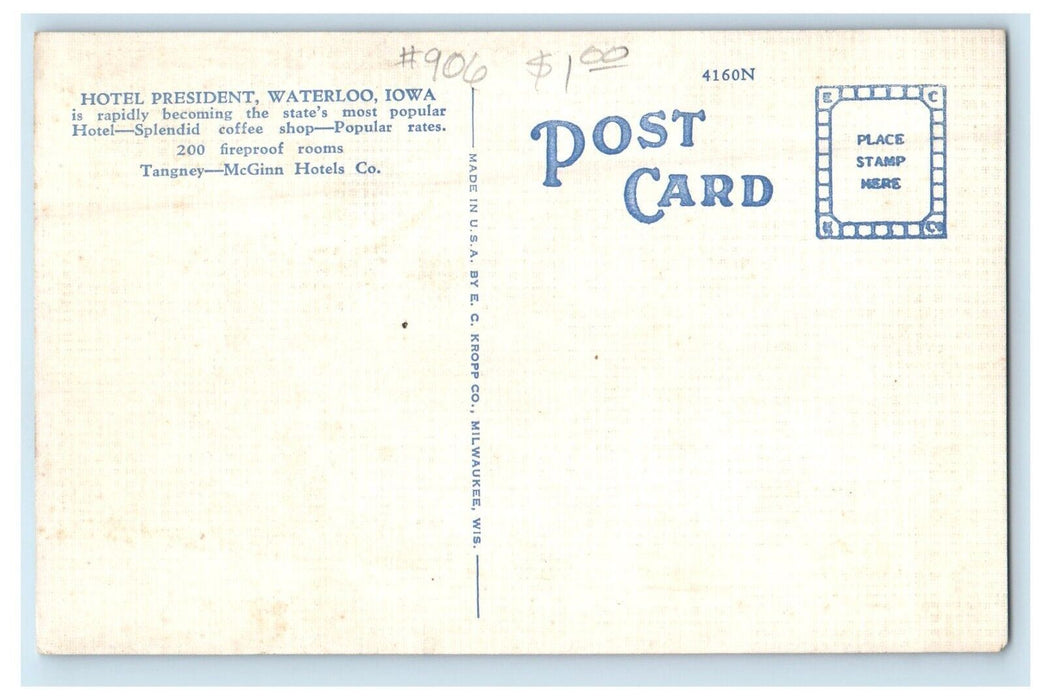 Waterloo Iowa IA, Hotel President Building Cars Unposted Vintage Postcard