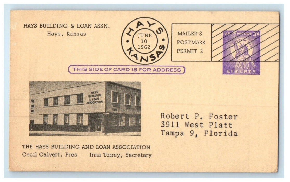 1962 Hays Building Loan Association Kansas KS Stamp Exhibition Posted Postcard