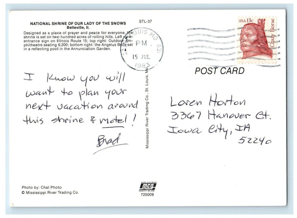 1983 National Shrine Of Our Lady Snows Restaurant Hotel Belleville IL Postcard