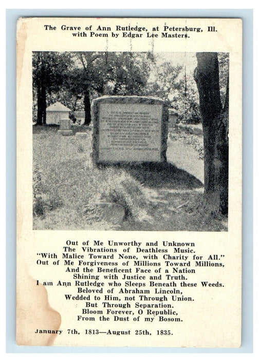 Grave Of Ann Rutledge At Petersburg Illinois IL, With Poem By Edgar Lee Postcard
